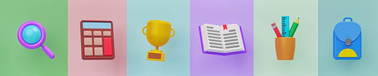 simple set of school objects icons. minimal trendy banner. 3d rendering