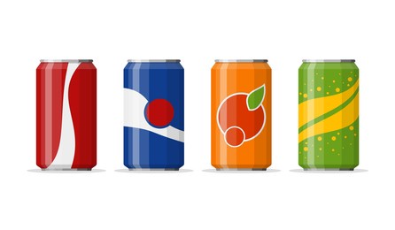 soda in colored aluminum cans set icons isolated on white background. soft drinks sign. carbonated non-alcoholic water with different flavors. drinks in colored packaging. vector illustration