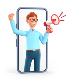 3d illustration of cartoon man holding a megaphone at smartphone screen. blogger character announcing over the loudspeaker by raising his knuckle through phone. advertising share concept.