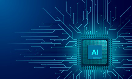 artificial intelligence web banner. 3d isometric illustration of a processor chip. the process of data processing. developments in modern technologies. microcircuits on neon glowing background