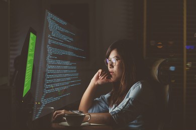 asian businesswoman working hard with front of computer desktop with programming source code and motion graphic over computer screen in work place at late times with exciting and serious action