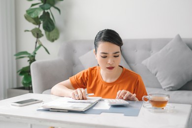young asian woman at home is engaged in home accounting