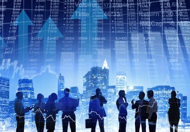 business people working outdoors with financial figures
