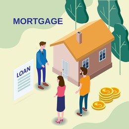 house mortgage concept, characters couple buying estate invest money, rieltor agent estate offer mortgage money credit. isometric vector flat illustraion banner