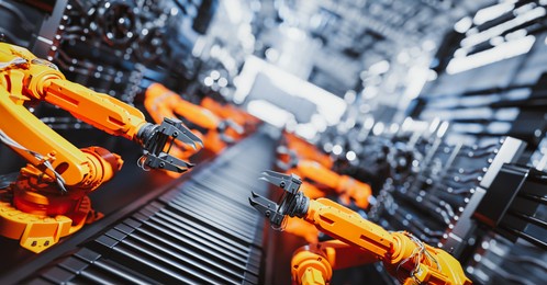 robotic arms along assembly line in modern factory. heavy industry, technology and machine learning. 3d rendering