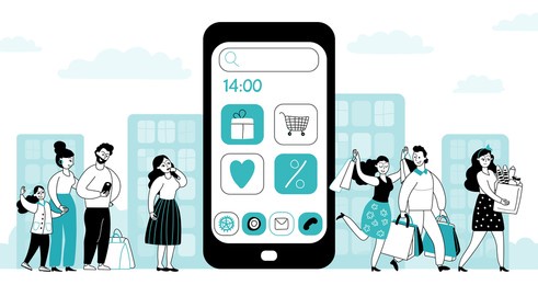 mobile shopping app. flat style people shop, online buyers and smart paying. things for ecommerce service, decent order system vector concept