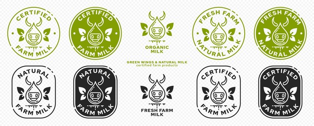 concept for product packaging. labeling - natural farm milk. milk drop icon cow with leaf wings. natural organic products symbol. vector set.