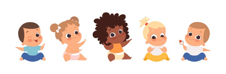 baby group, multiethnic babies sitting. isolated cartoon cute toddlers vector set