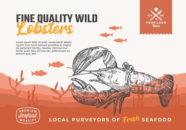 fine quality organic seafood. abstract vector food packaging design or label. modern typography and hand drawn lobster and fishes silhouettes. sea bottom landscape background layout with banner.