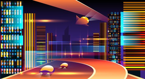neon futuristic cityscape. future technology dark background with light architecture and roads, night space computer tech city with modern architectural buildings and street movement