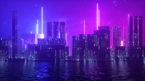 3d render, abstract ultraviolet background with urban skyscrapers illuminated with neon light. starry night sky and water