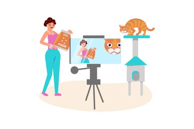 cat owner woman taking a broadcast for social media network  illustration. female vlogger makes a live streaming. rastered copy