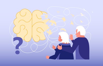 concept of dementia and elderly brain treatment. metaphor of memory loss, thoughts leave the brain and fly away like birds. flat art rastered copy illustration