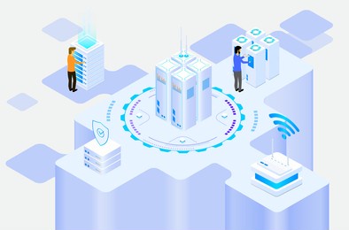 data center or server room processing data operation with security protection and maintenance with isometric design style - vector
