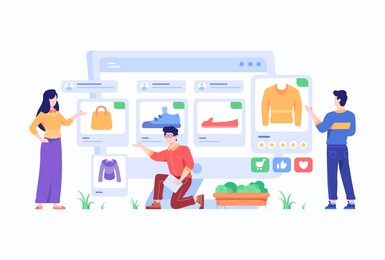 consumer view, choose and buy fashion items on ecommerce marketplace on computer screen concept flat style design illustration 