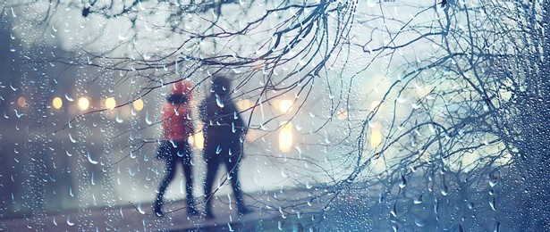 autumn night rain city people, abstract season fall winter background