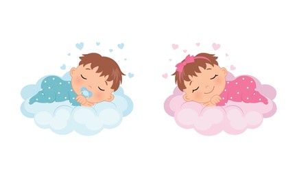 cute baby girl and boy sleeping on a cloud. illustration for baby shower, gender reveal, birthday party. flat vector design.