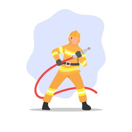 male fireman holding hose. firefighter in action. fire extinguisher. emergency service worker or employee. dangerous job. professional career. man in uniform. flat vector character illustration.