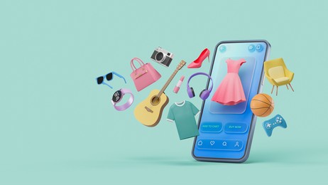 online shopping website mobile application digital marketing store on screen smartphone showcase icon display. 3d rendering.