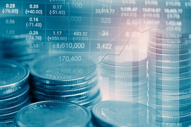 stock market investment trading financial, coin and graph chart or forex for analyze profit finance business trend data background.