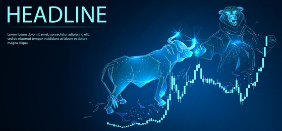 bull and bear symbols on stock market with stock schedule. digital low poly wireframe of futuristic vector. finance and business concept. 