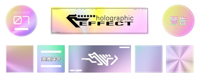 trendy stickers with effect glitter holographic. vinyl sticker set. holographic stickers with light, ultraviolet metallic effect. translation of words from japanese -  cyberpunk, warning, future. 