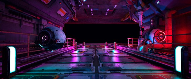 futuristic city street with red, blue and purple neon lights. night scene. urban landscape. cyberpunk wallpaper. industrial zone in a city of a future. photorealistic 3d illustration.