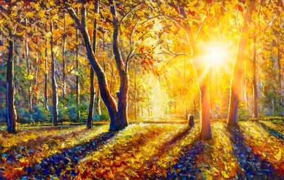 extra wide panorama of gorgeous autumn forest  painting