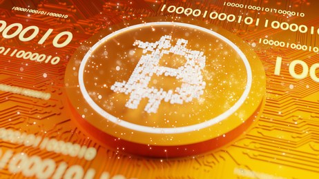 bitcoin and blockchain banner illustration. mining and trade bitcoin concept. 3d illustration.