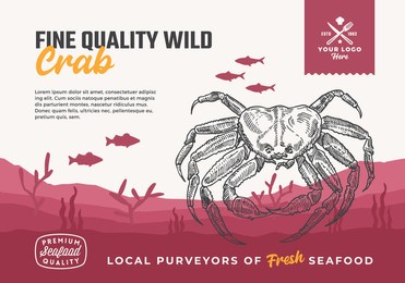 fine quality organic seafood. abstract vector food packaging design or label. modern typography and hand drawn crab and fishes silhouettes. sea bottom landscape background layout with banner.