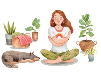a young woman sitting in yoga pose and hugging herself. a girl meditating on the floor surrounded by indoor plants. a dog sleeping beside her. hygge lifestyle. love your body. 