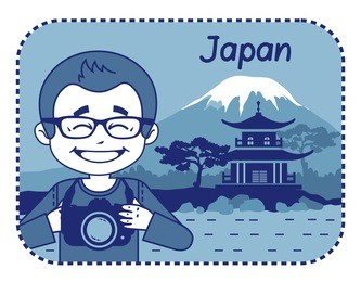 teaser with photographer travels through japan. man on background of pagoda and mount fuji