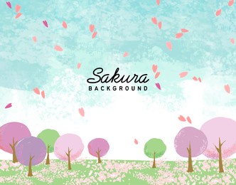 watercolor style cherry blossoms and meadow vector illustration background