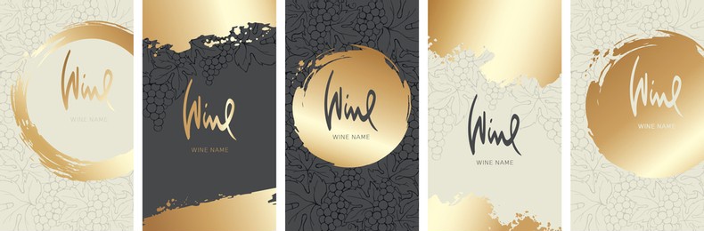 collection labels for wine. vector illustration, set of backgrounds with grapes and gold strokes.