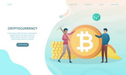 two male characters are standing near huge bitcoin. concept of bitcoin cryptocurrency investment. website, web page, landing page template. flat cartoon vector illustration