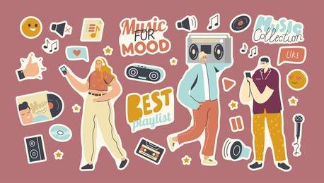 set of stickers playlist for music collection theme. people with player, thumb up, vinyl and cd disk, dynamics and record player with tape or microphone and smiling emoji. cartoon vector illustration