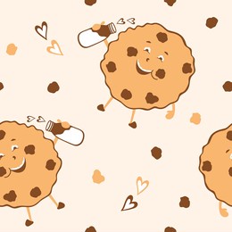vector seamless pattern smiling cookies with milk. funny cute cookies with chocolate chips on a soft beige background. design for printing on children's clothing, textiles, packaging, paper.