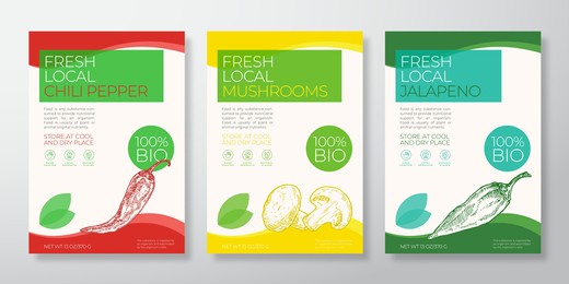 fresh local vegetables label templates set. vector packaging design layouts collection. typography banner with hand drawn champignons, chili and jalapeno peppers sketch silhouette background isolated.