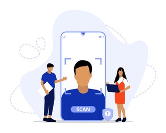vector illustration, face recognition technology concept, showing a mobile apps with biometric face detection technology features, suitable for landing page, ui, web, app intro card, editorial, banner