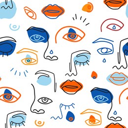 seamless pattern face line art. surreal face painting with soft color circles. vector surreal face background, linear art, colored illustration, woman faces. surreal women faced on white background