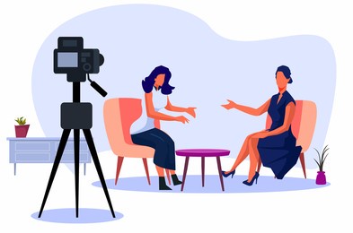 two people sitting in chairs talking on camera. video interview, taking photos on set. 