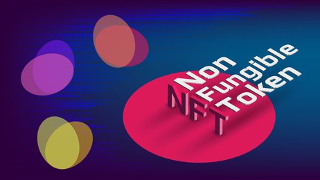 nft non fungible tokens infographics with isometric text and abstract shapes on blue background. pay for unique collectibles in games or art. vector illustration.