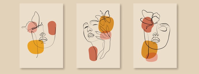 surreal faces continuous line, drawing of set faces and hairstyle, fashion concept, woman beauty minimalist, vector illustration pretty. contemporary portrait