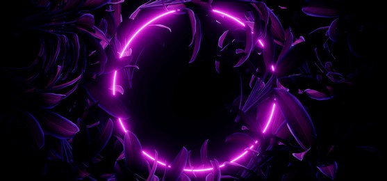neon glowing purple circle with a lot of green plant leafs around in dark room sci fi modern minimalist laser violet closeup background 3d rendering illustration