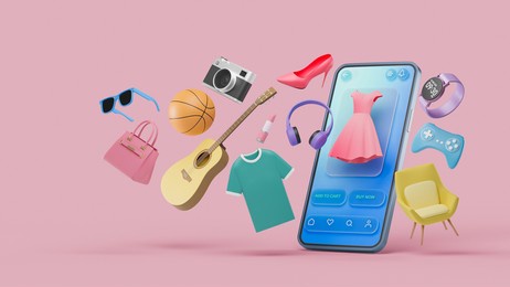 online shopping website mobile application digital marketing store on screen smartphone showcase icon display. 3d rendering.