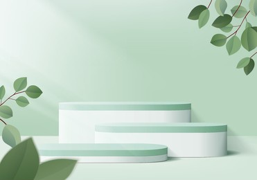 3d background products display podium scene with geometric platform. background vector 3d rendering with podium. stand to show cosmetic products. stage showcase on pedestal display green leaf studio