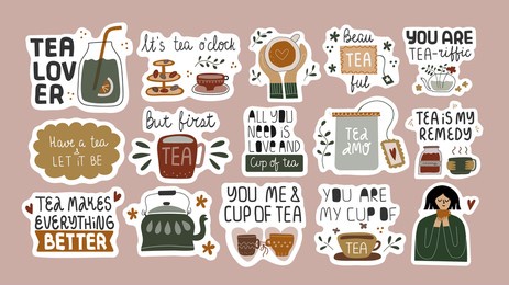 collection of funny inspirational quotes in stickers. tea lover, drinking tea concept. bundle of decoration for daily planner, journal, scrapbook isolated. vector hand drawn illustration.