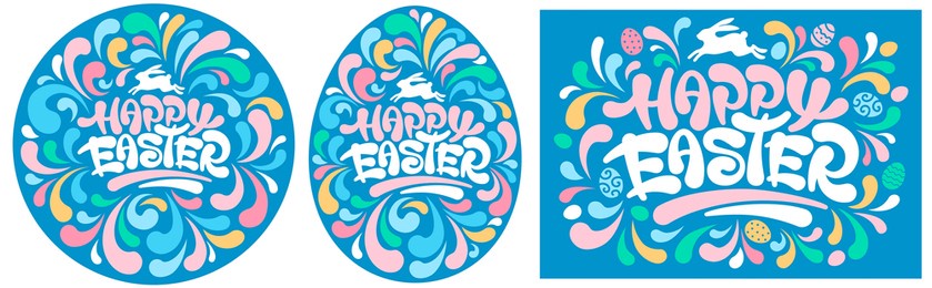 set of happy easter cards or stickers templates with colorful ornament, rabbit and eggs. unusual hand drawn calligraphy. can be easy used for any design on easter celebrations. vector illustration.