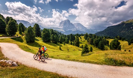 beautiful alpine countryside. awesome alpine highlands in sunny day. amazing nature scenery of dolomites alps. epic scene in the mountains place. active recreation concept
