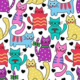 cartoon seamless multicolored black cats and hearts on a white background 